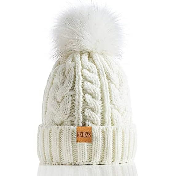 REDESS Women Winter Pompom Beanie Hat with Warm Fleece Lined, Thick Slouchy Knit Skull Ski Cap