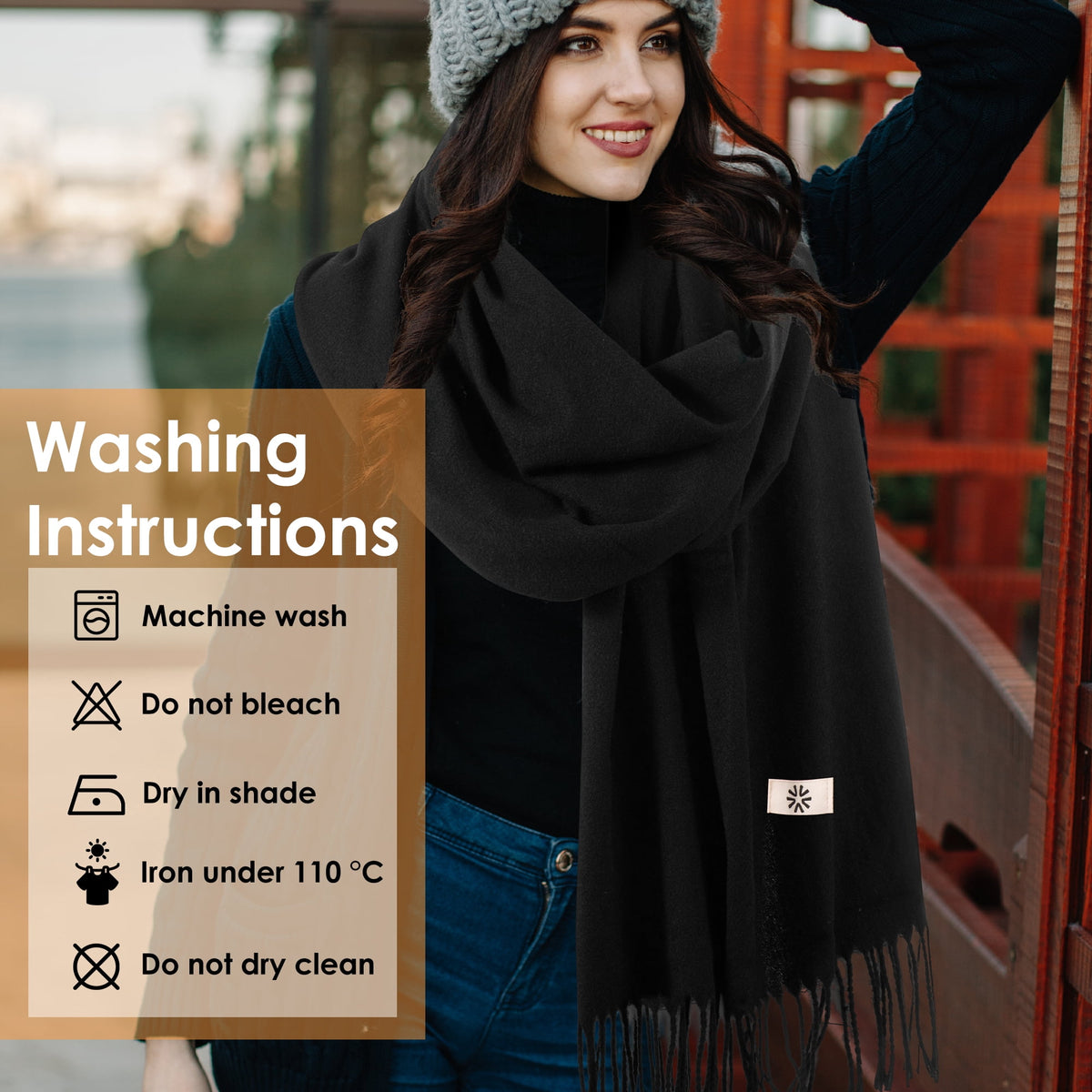 REDESS Women's Scarf,Winter Warm Soft Solid Color Pattern Tassel Shawl Wrap,Black