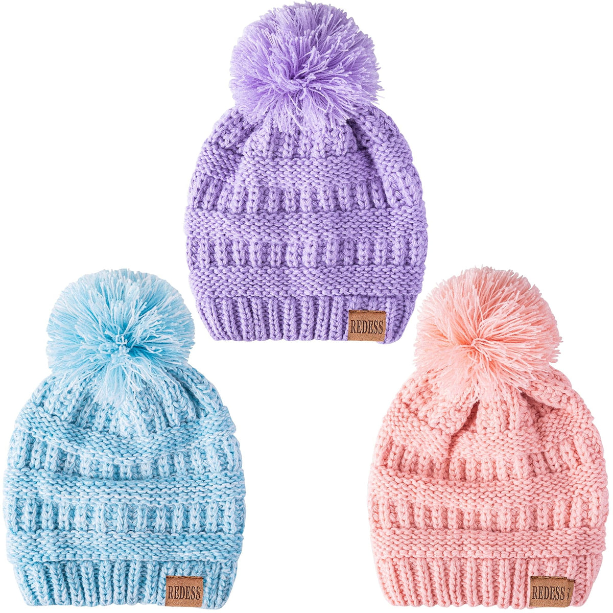 REDESS Baby Kids Winter Warm Beanie Hats, Infant Toddler Children Pom Pom Beanie Knit Cap Girls Boys-3 Pack