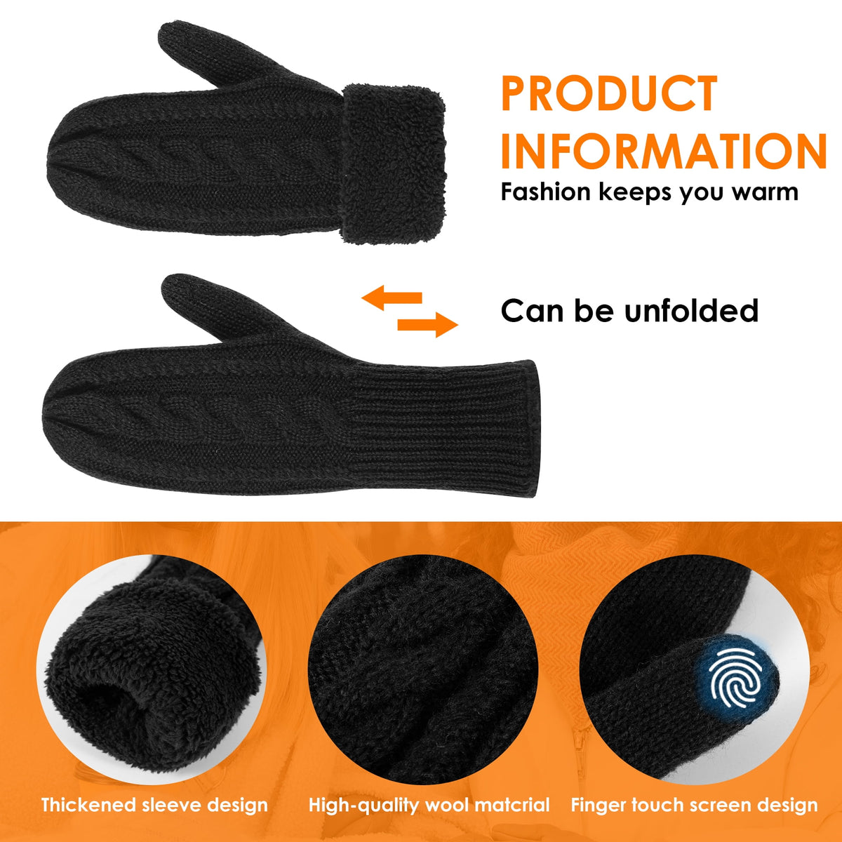 REDESS Winter Warm Mittens for Women, Thick Knitted Warm Soft Lining Mittens Cold Weather,Black