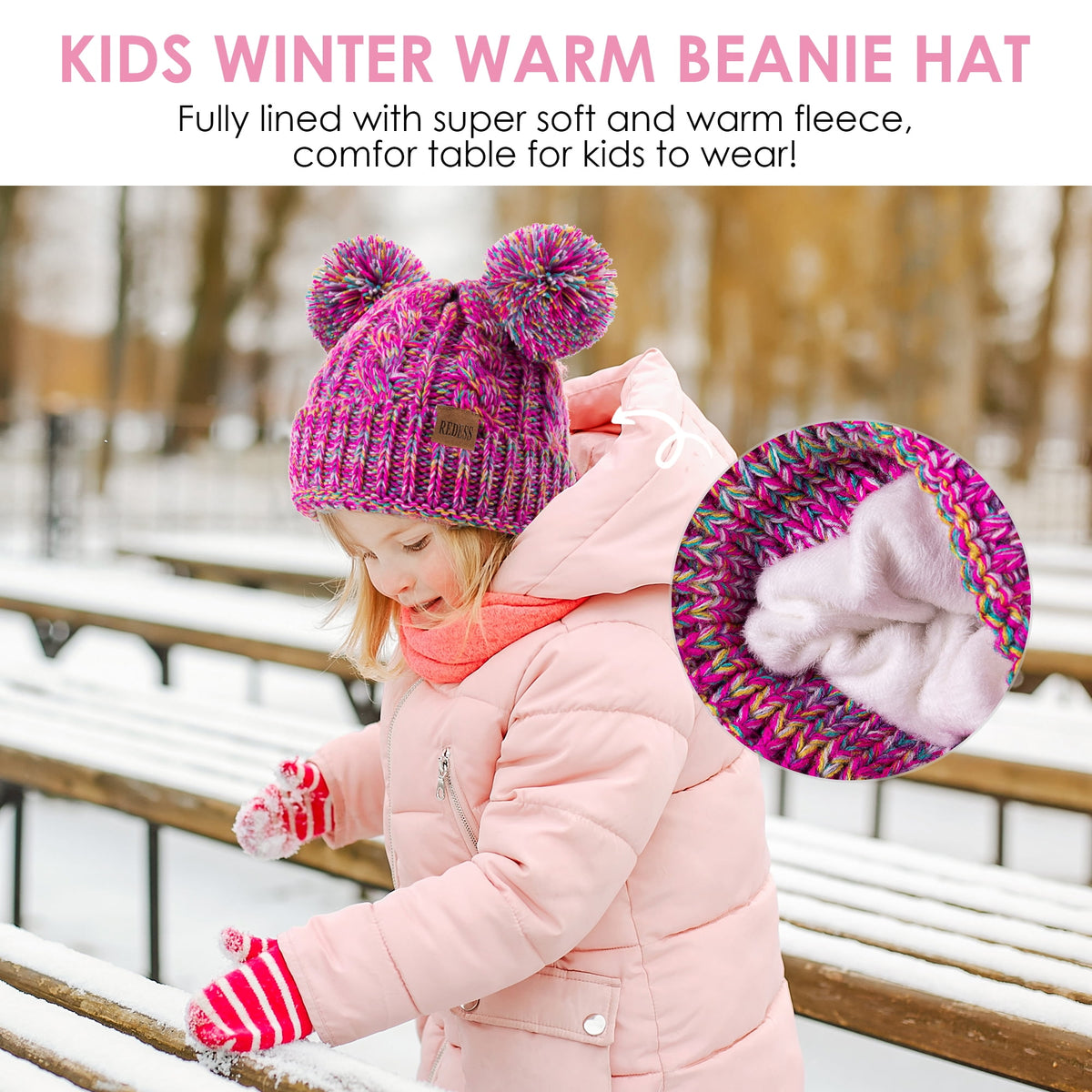 REDESS Kids Winte Beanie Hat with Two Pom-Pom for Girls 3-9 Year Old,Black