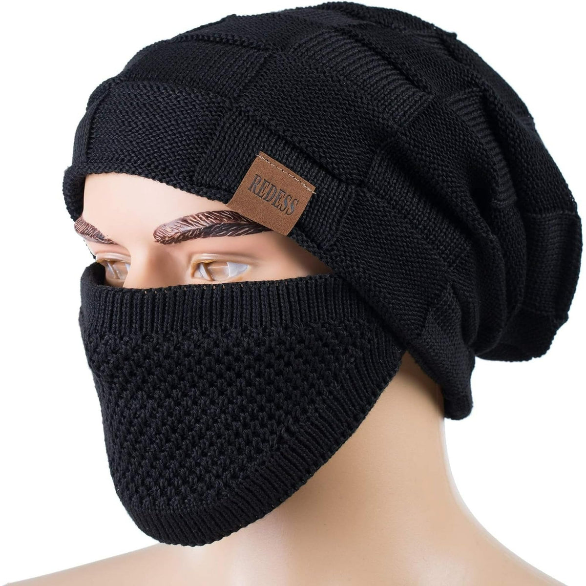 REDESS Beanie Hat for Men and Women Winter Warm Hats Knit Slouchy Thick Skull Cap with Face Cover-Black