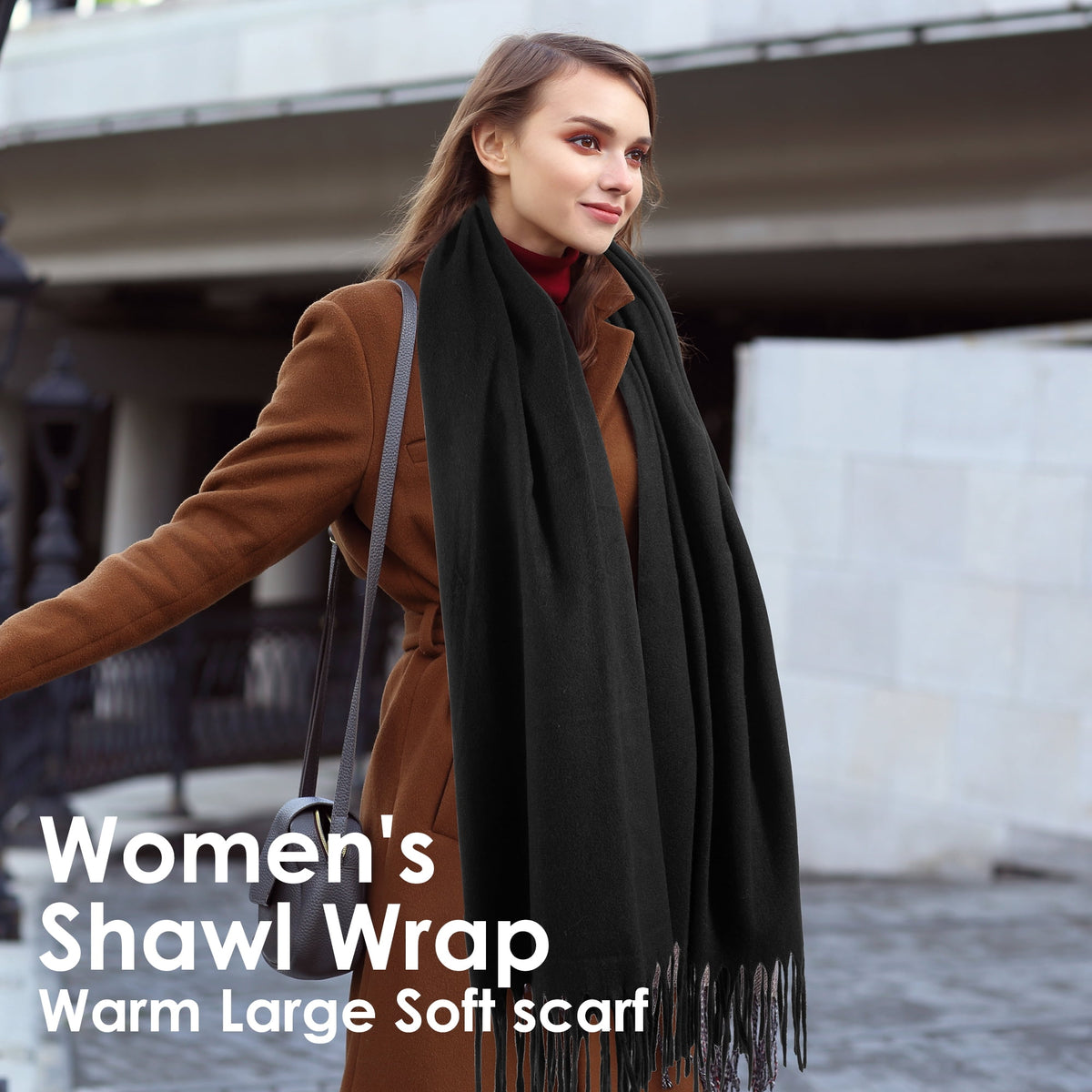 REDESS Pashmina Shawl for Women, Winter Warm Soft Solid Tassel Scarf  for Women and Men, Black
