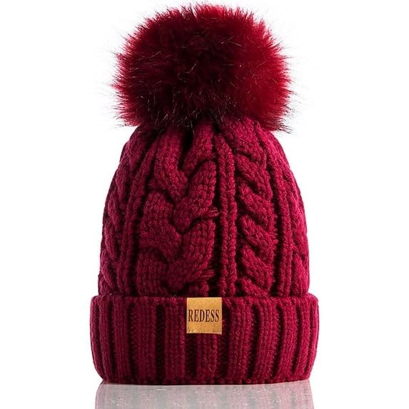 REDESS Women Winter Pompom Beanie Hat with Warm Fleece Lined, Thick Slouchy Knit Skull Ski Cap
