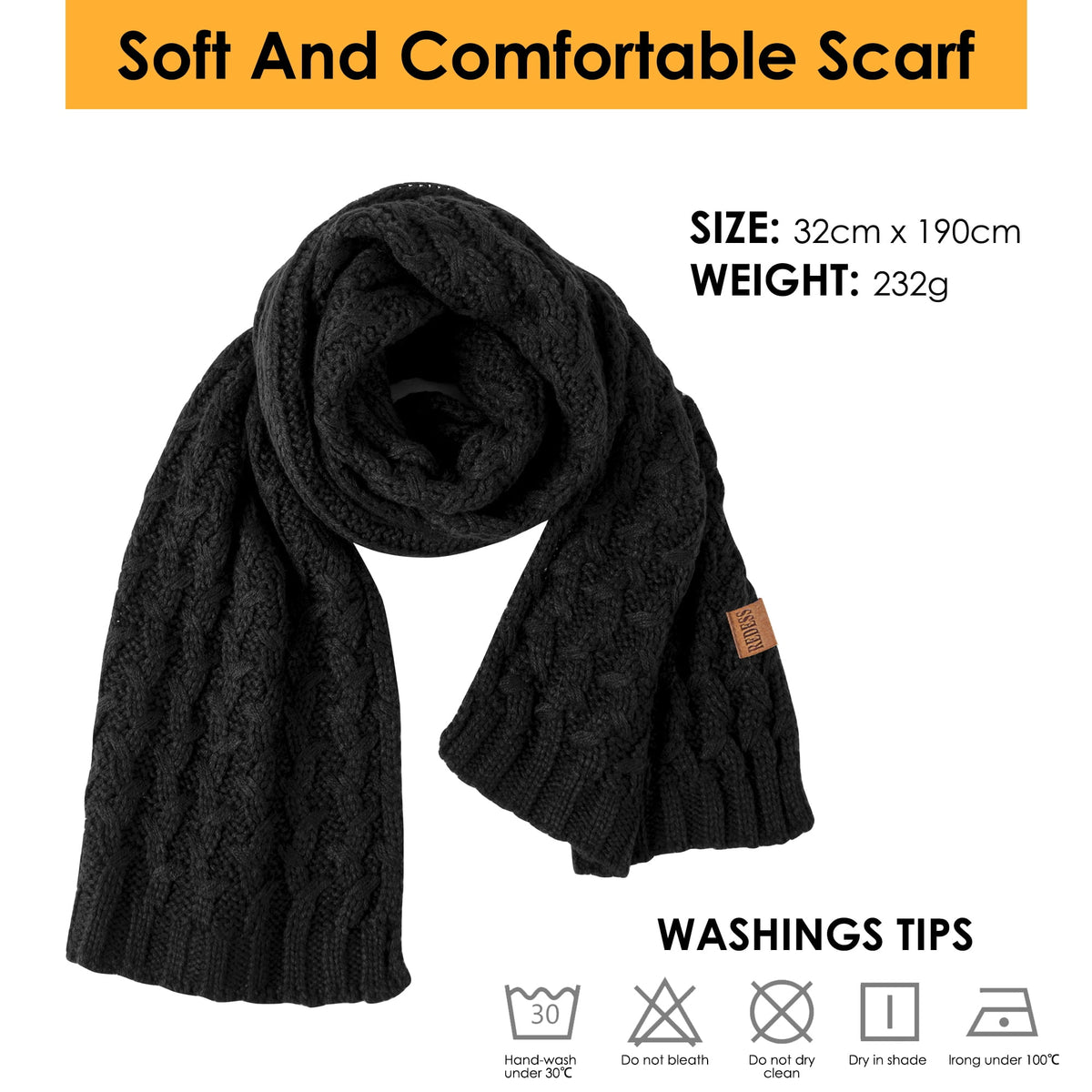 REDESS Women's Winter Scarf, Adult Warm Long Chunky Knit Scarves for Women, Black