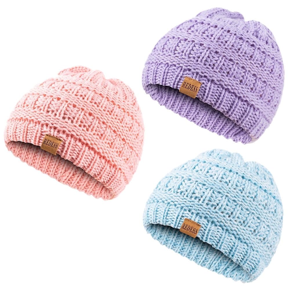 REDESS Baby Kids Winter Warm Hats, Infant Toddler Children Beanie Knit Cap Girls Boys-3 Pack