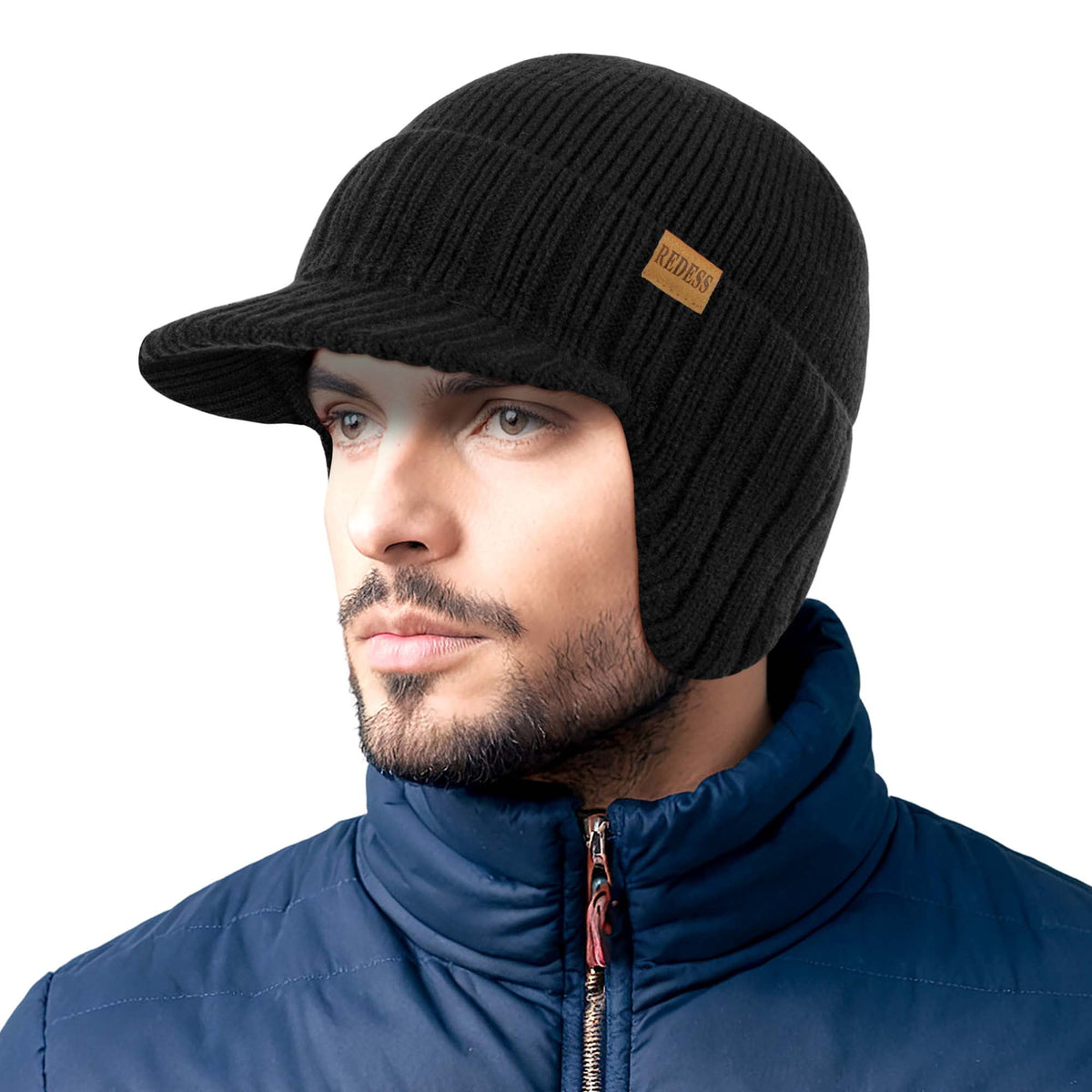 REDESS Men's Fleece Lined Knit Winter Beanie Hat with Visor and Earflaps, Black