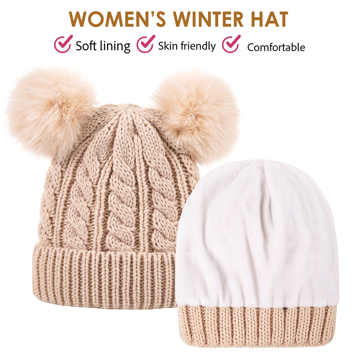 REDESS Women's Winter Beanie Hat with Two Pompoms and Warm Fleece Lining-Black
