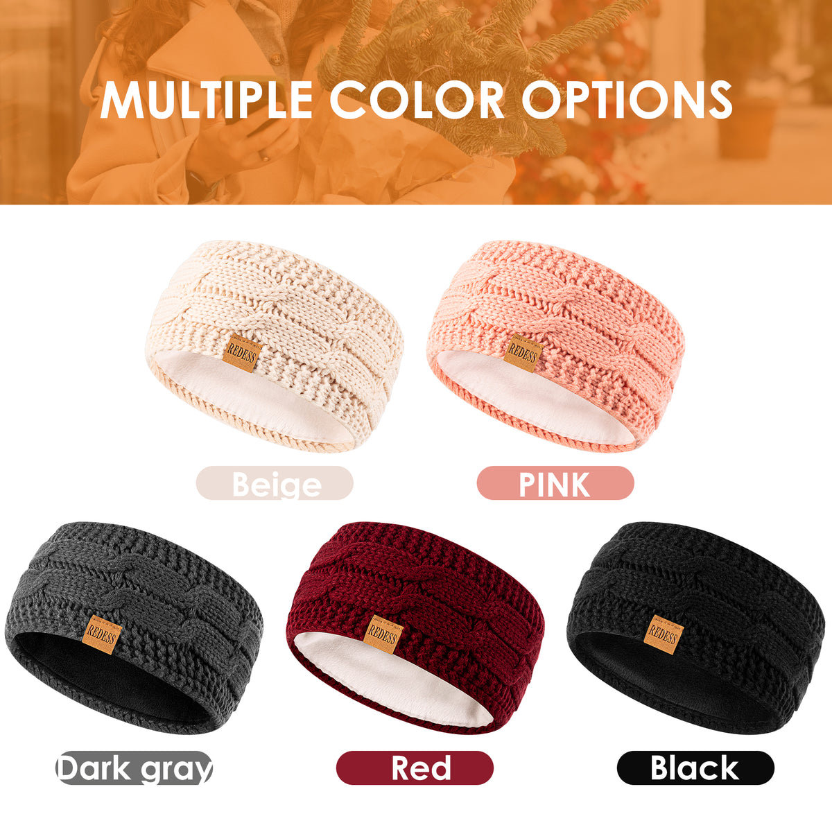REDESS Winter Ear Warmer Headband for Women,Knit Thick Fleece Lined Cold Weather Warm Ear Muffs Headband