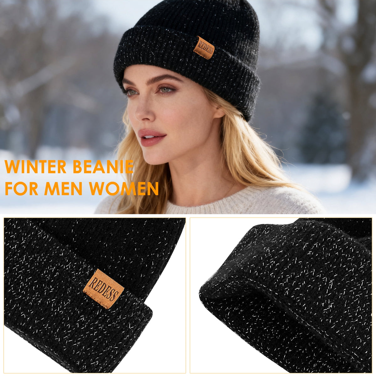 REDESS Beanie Hats for Women and Men Knit Soft Winter Warm Cuffed Hat, Black 2 pack