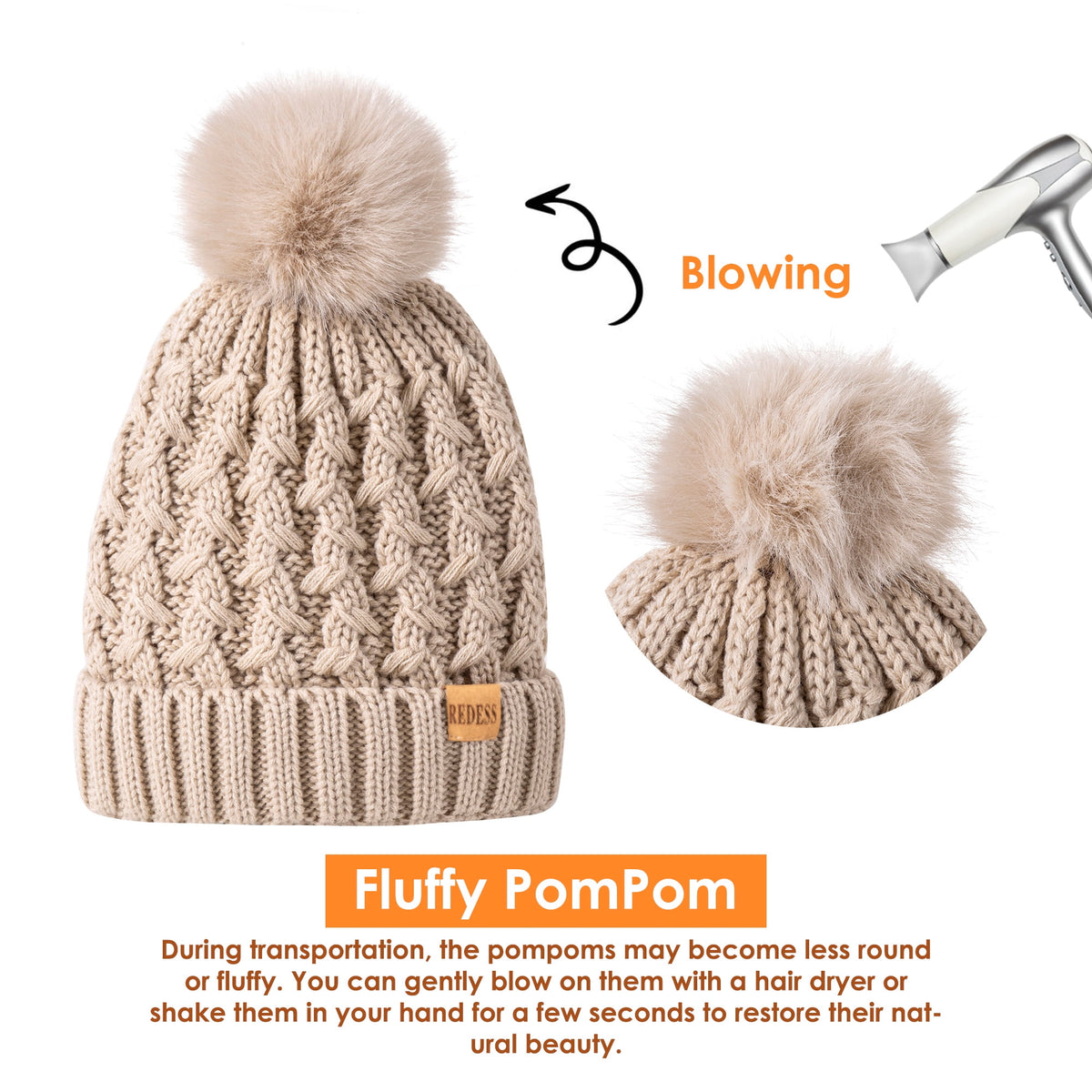 REDESS Winter Women¡¯s Beanie Hat Scarf Gloves Set, Fleece Lined Winter Hat with Pom Pom,Oat