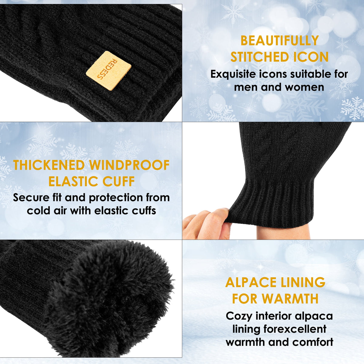 REDESS Winter Gloves for Women and Men with Touch Screen Thermal Knit Black Gloves.