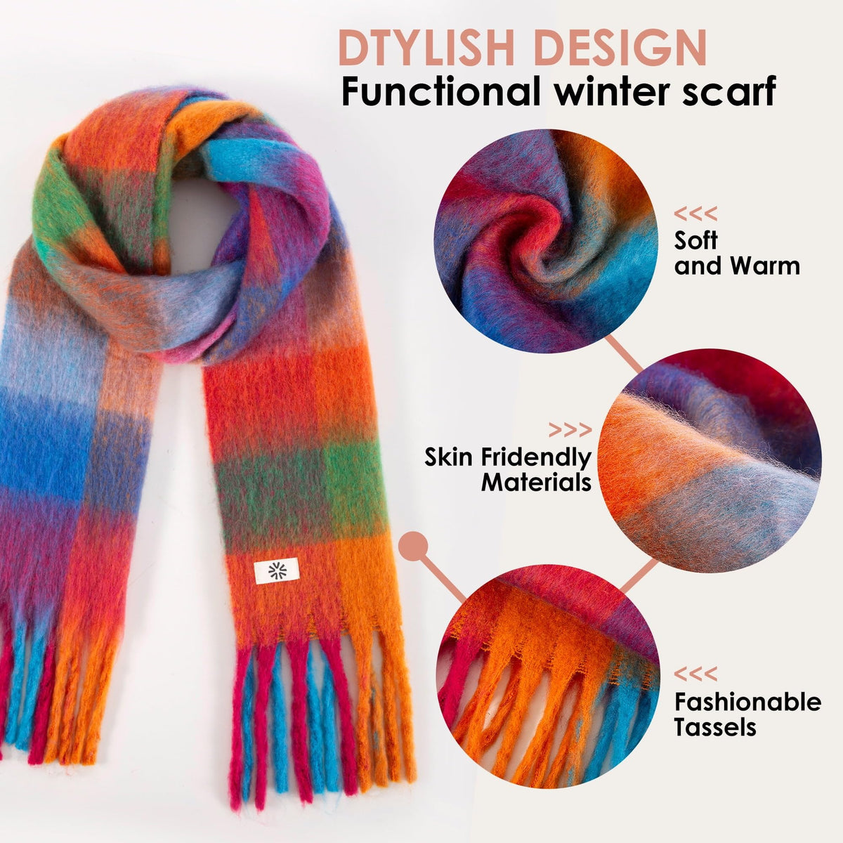 REDESS Winter Scarf for Women Soft Plaid Pattern Cozy Warm Tassel Blanket Shawl Wrap