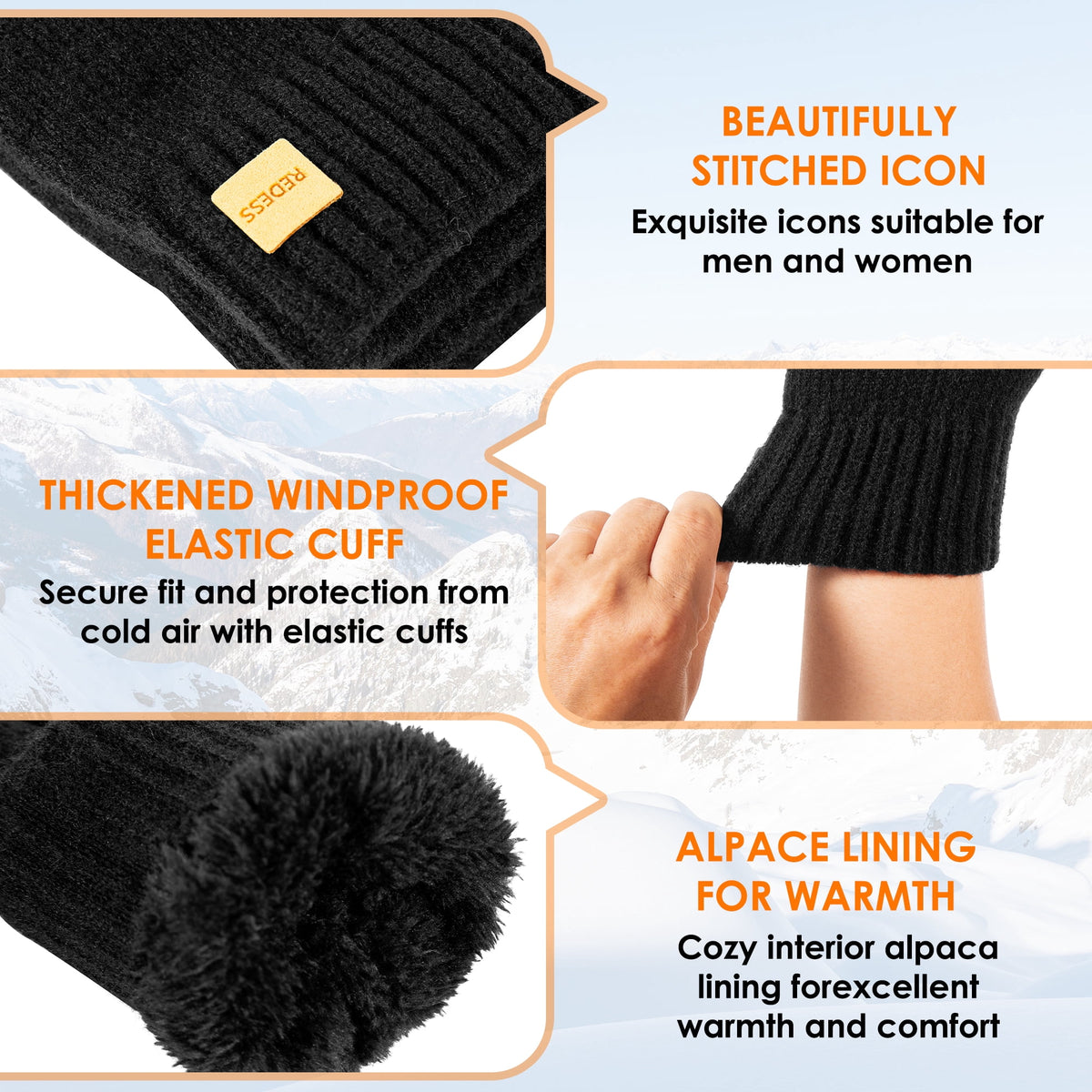 REDESS Winter Gloves for Men and Women Touch Screen Knit Warm Black Gloves for Cold Weather