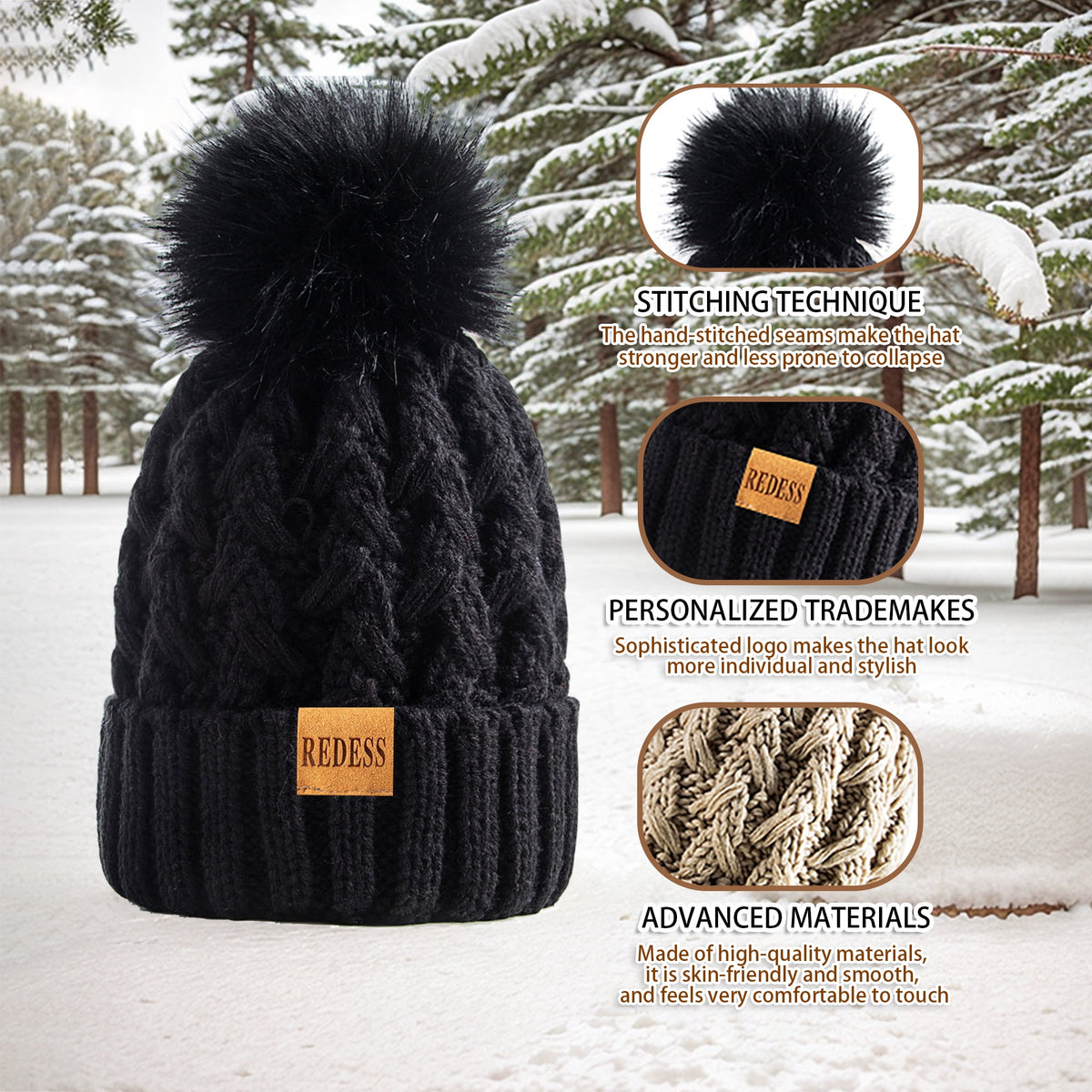 REDESS Women's Winter Pompom Beanie Hat for Women-White