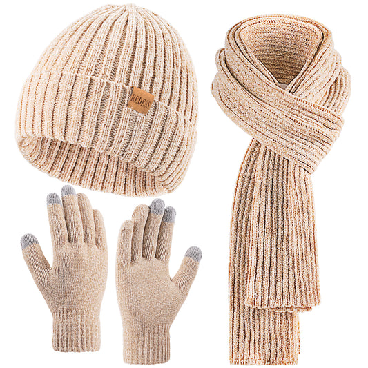 REDESS Winter Womens Chenille Beanie Hat Scarf Gloves Set-Beige