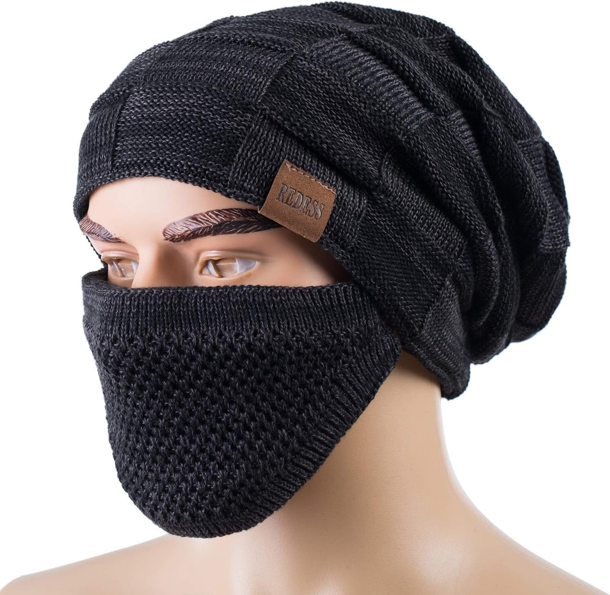 REDESS Beanie Hat for Men and Women Winter Warm Hats Knit Slouchy Thick Skull Cap with Face Cover-Black