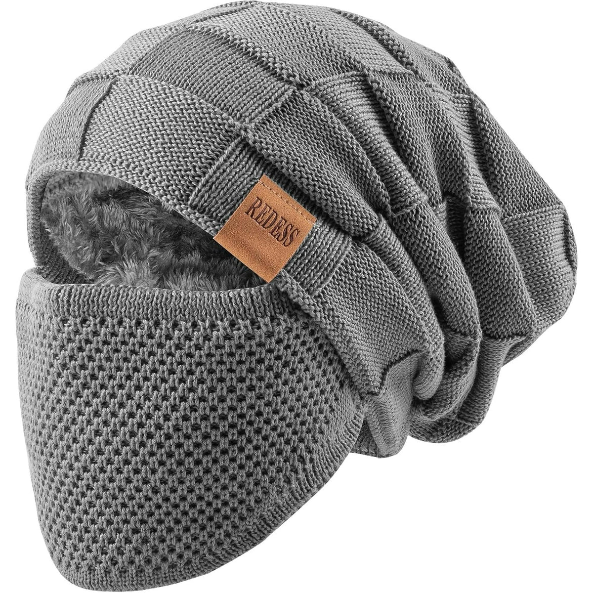 REDESS Beanie Hat for Men and Women Winter Warm Hats Knit Slouchy Thick Skull Cap with Face Cover-Black