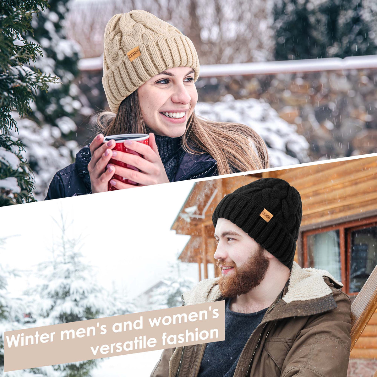 REDESS Beanie for Womens Winter Warm Cable Knit Soft Cap Comfortable Cuffed Stretchy Hat 2 Pack