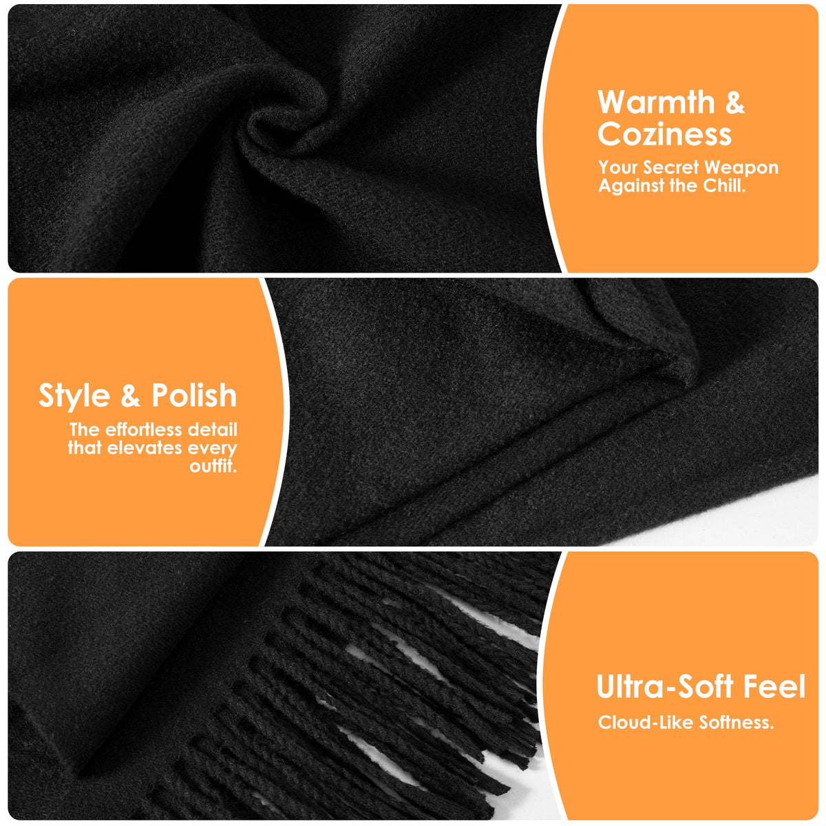 REDESS Women's Scarf,Winter Warm Soft Solid Color Pattern Tassel Shawl Wrap,Black