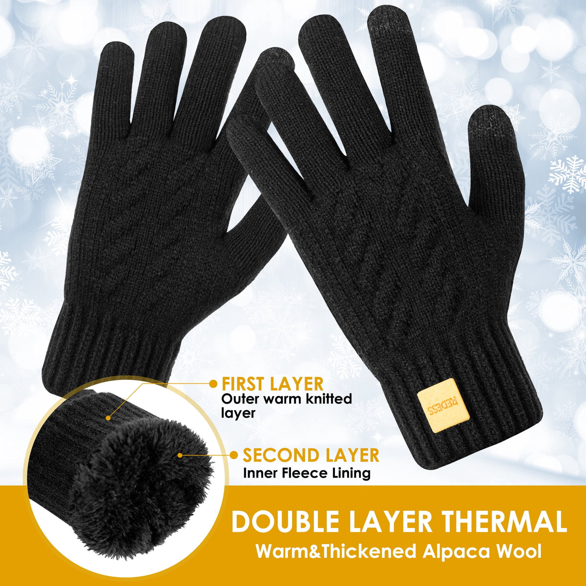 REDESS Winter Gloves for Women and Men with Touch Screen Thermal Knit Black Gloves.