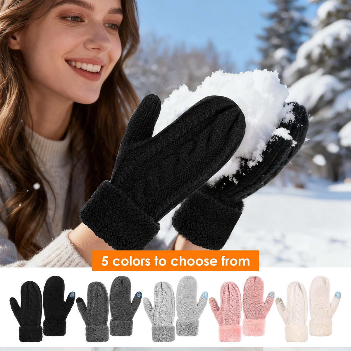 REDESS Winter Warm Mittens for Women, Thick Knitted Warm Soft Lining Mittens Cold Weather,Black