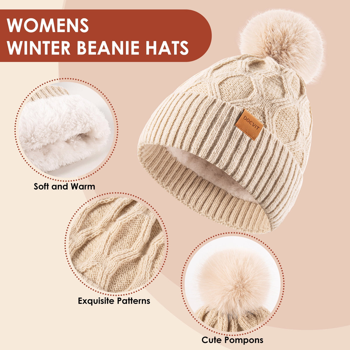 REDESS Womens Winter Beanie Hat with Warm Fleece Lined Black