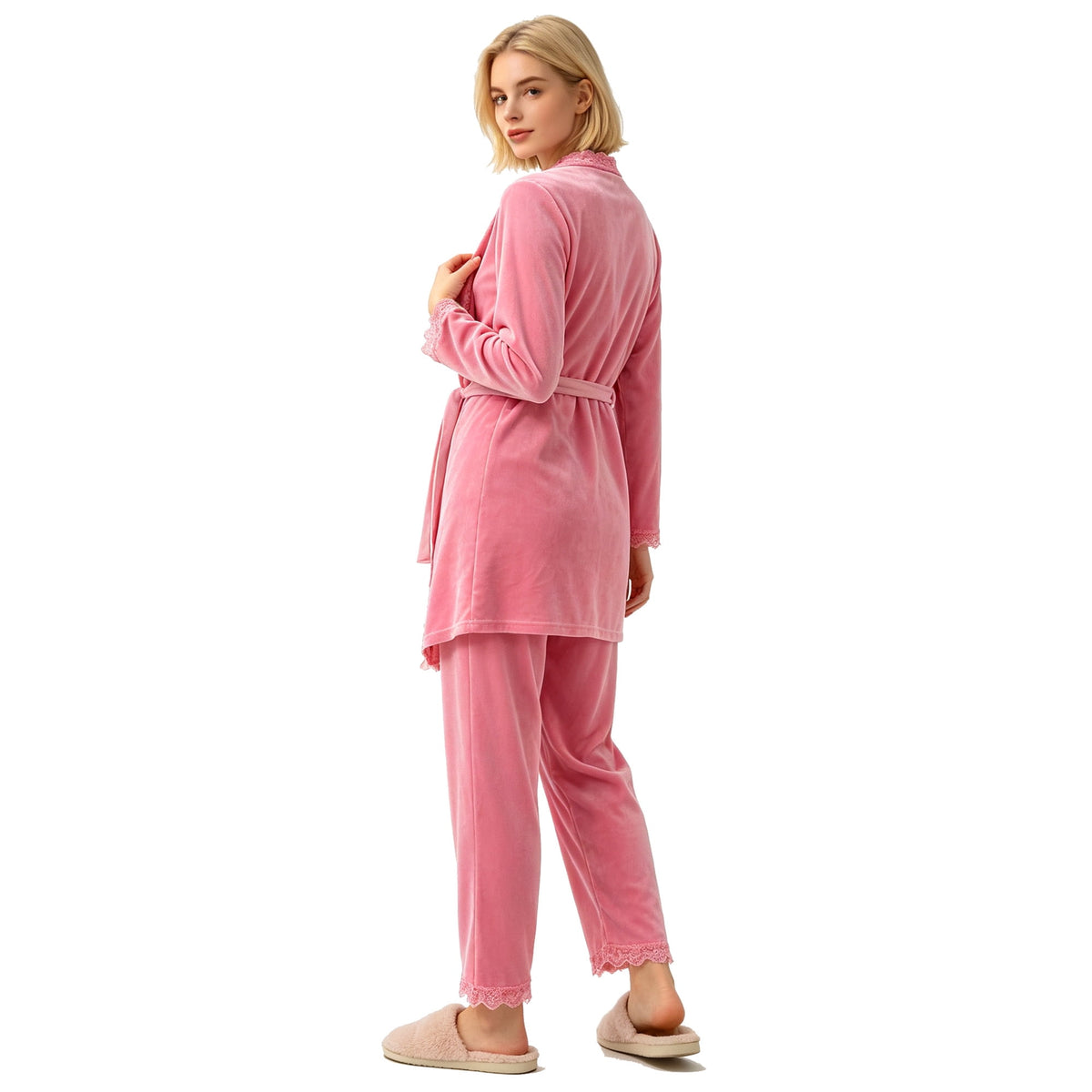 REDESS Womens Pajama Sets, Lace Trim Cami Top, Belted Robe & Long Pants Loungewear 3 Piece Velvet Pajama Sets for Women