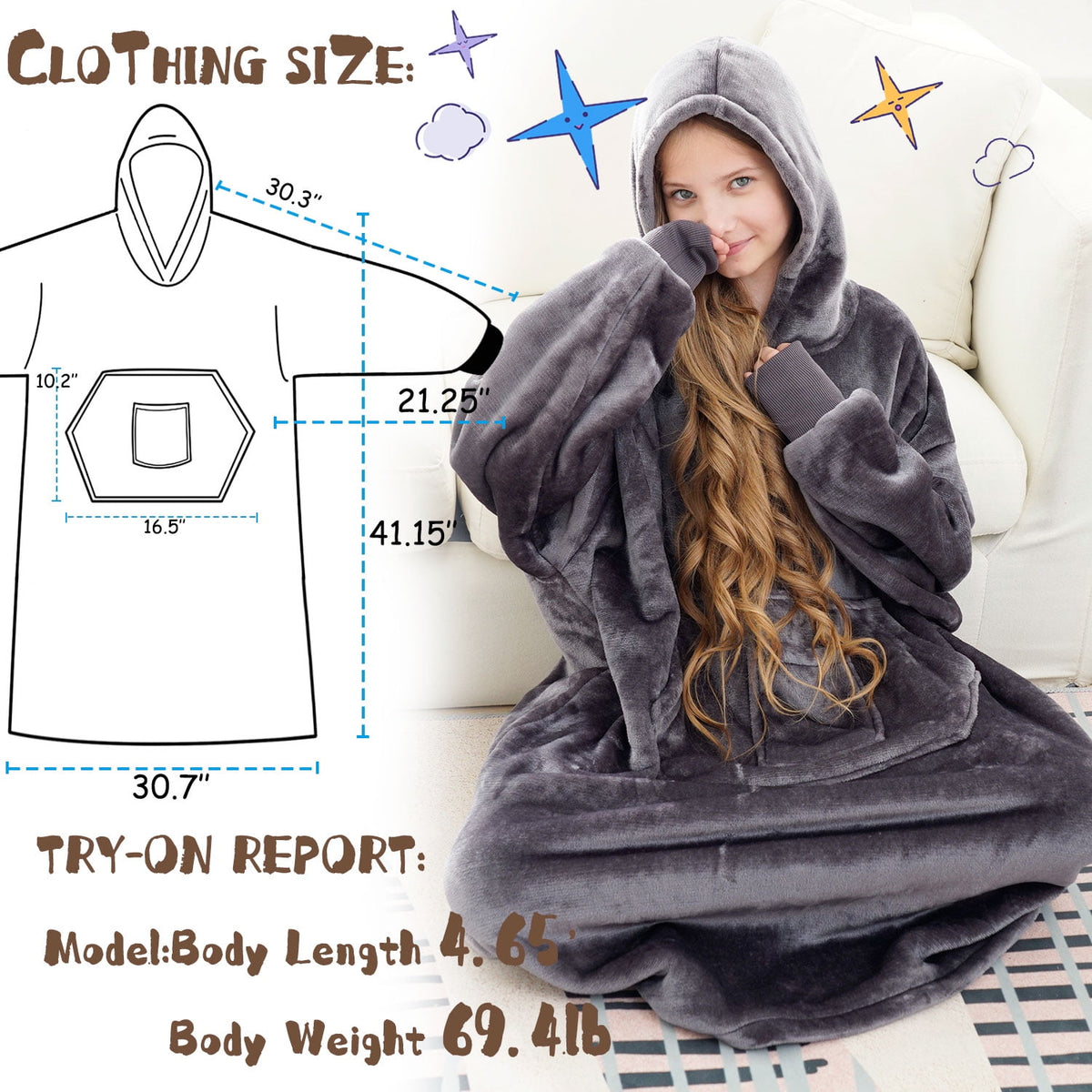 REDESS Oversized Wearable Blanket Hoodie Sweatshirt for Unisex Boy and Girl-Dark Grey