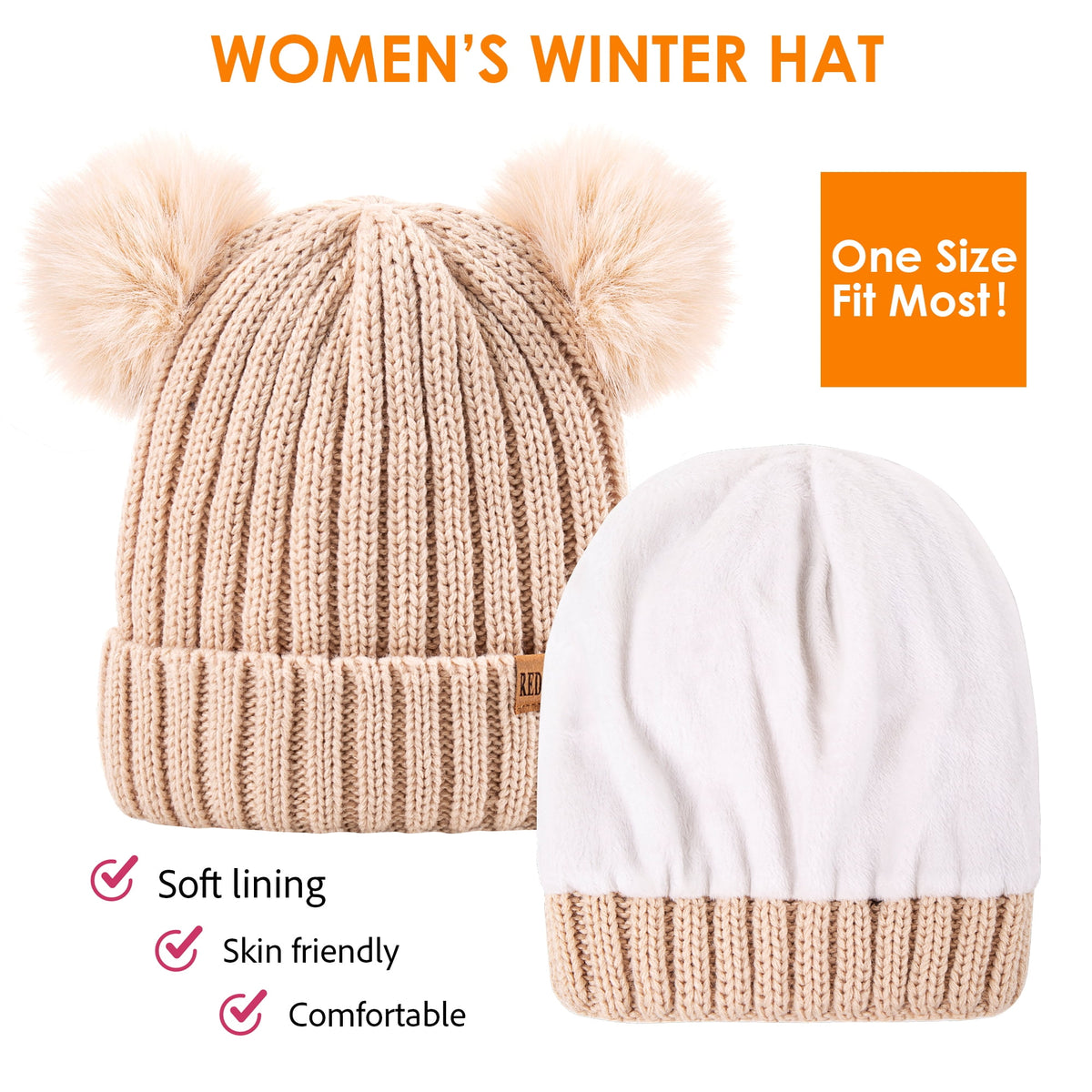 REDESS Winter Beanie Hat for Women with Warm Fleece Lined, Thick Slouchy Knit Skull Ski Cap-Black