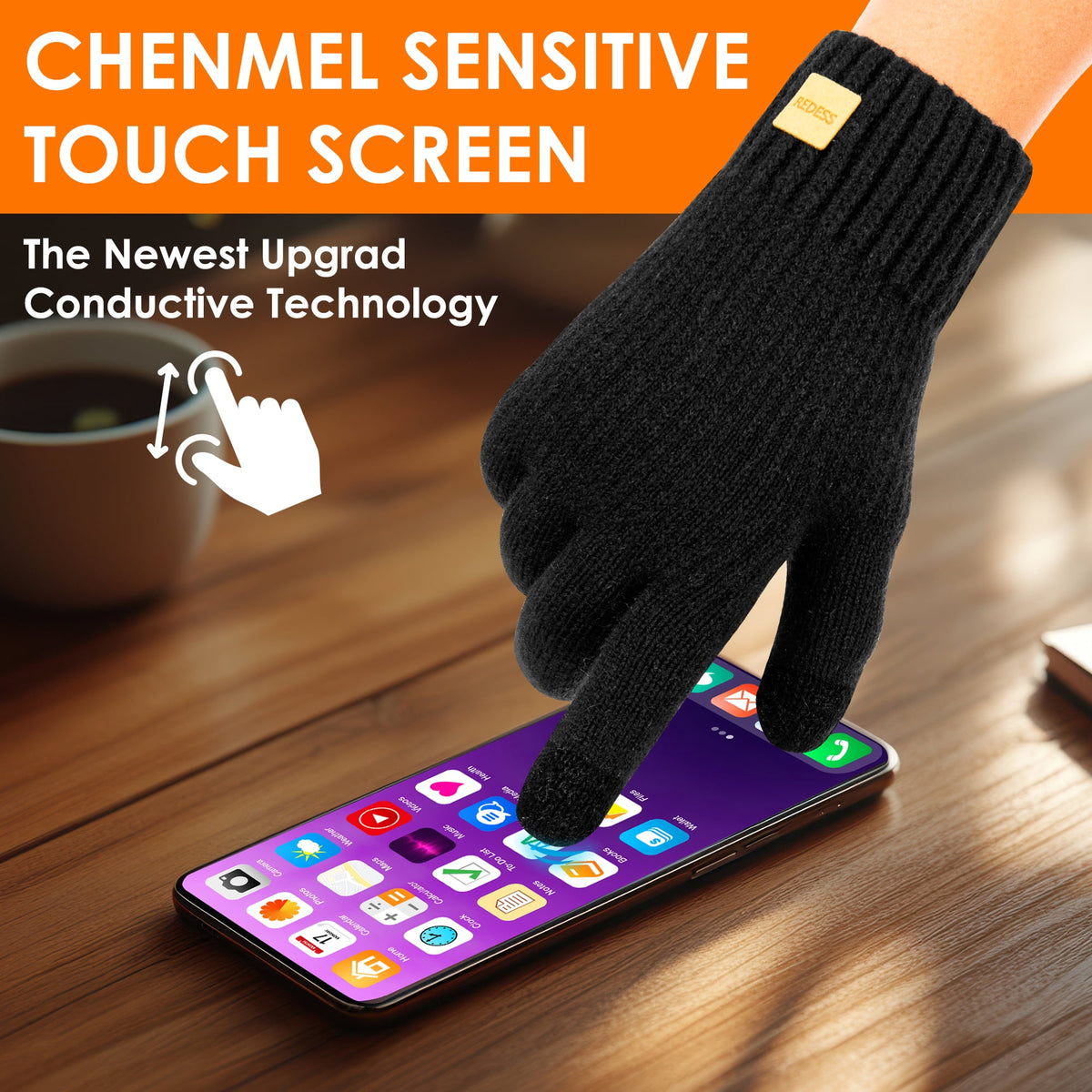 REDESS Winter Gloves for Men and Women Touch Screen Knit Warm Black Gloves for Cold Weather