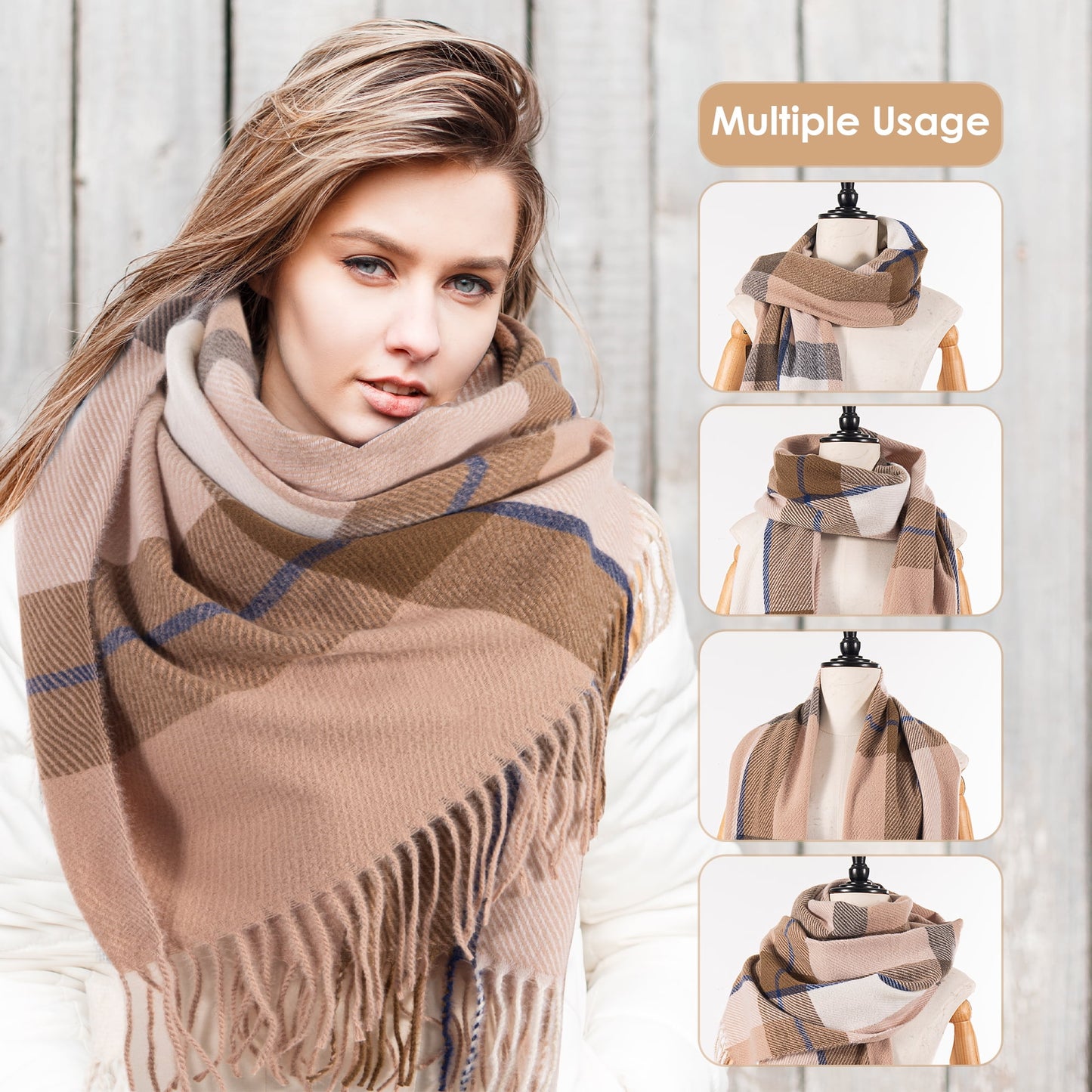 REDESS Womens Scarf,Unisex Winter Long Tassel Plaid Scarves,Plaid Gray