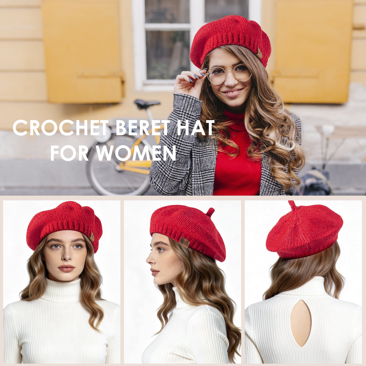 REDESS Womens Beret Hat, Vintage Knit Acrylic Winter Beret Hat for Women, Solid Color Stretch Fashion Beanie Cap