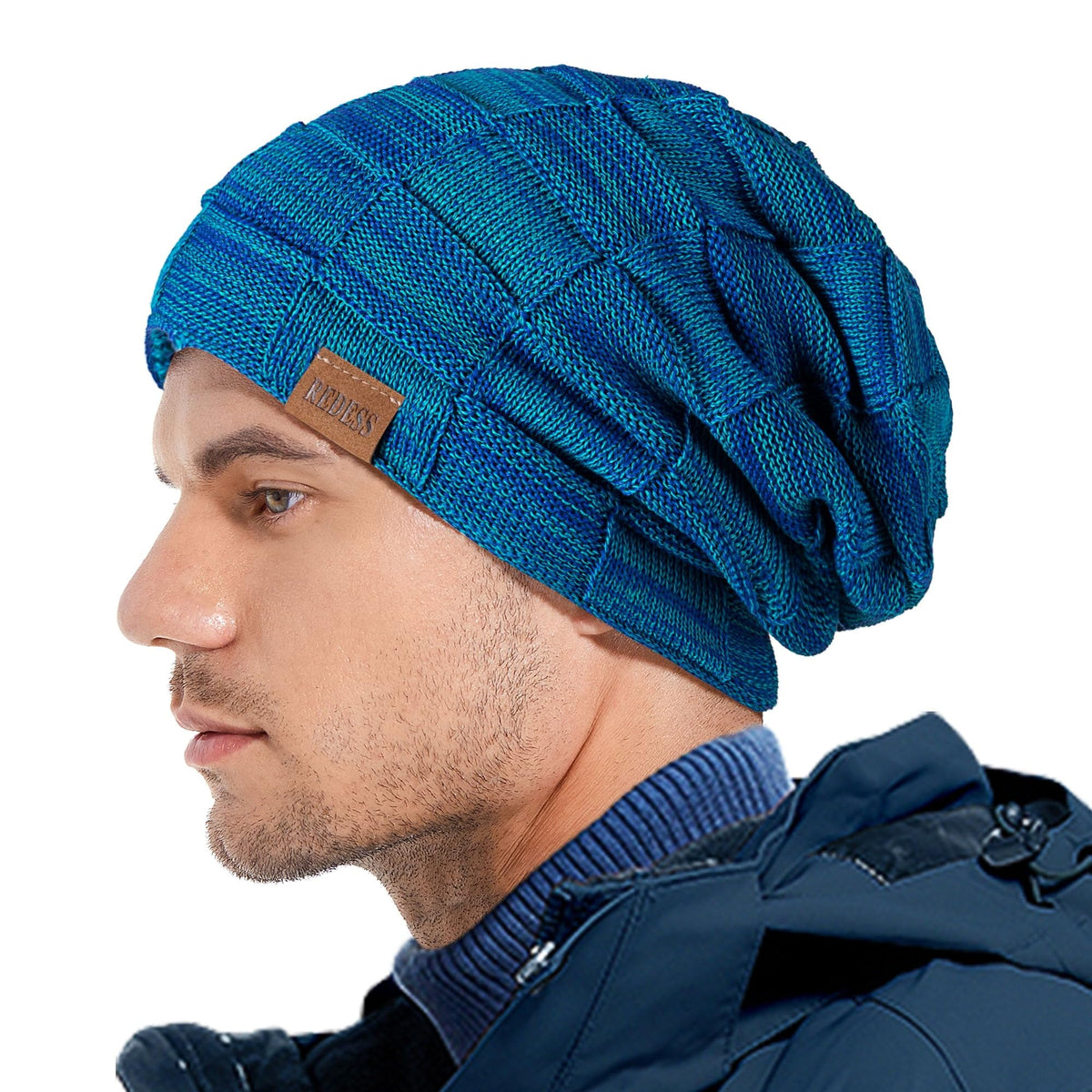 REDESS Beanie Hat for Men and Women Winter Warm Hats Knit Slouchy Thick Skull Cap with Face Cover-Black
