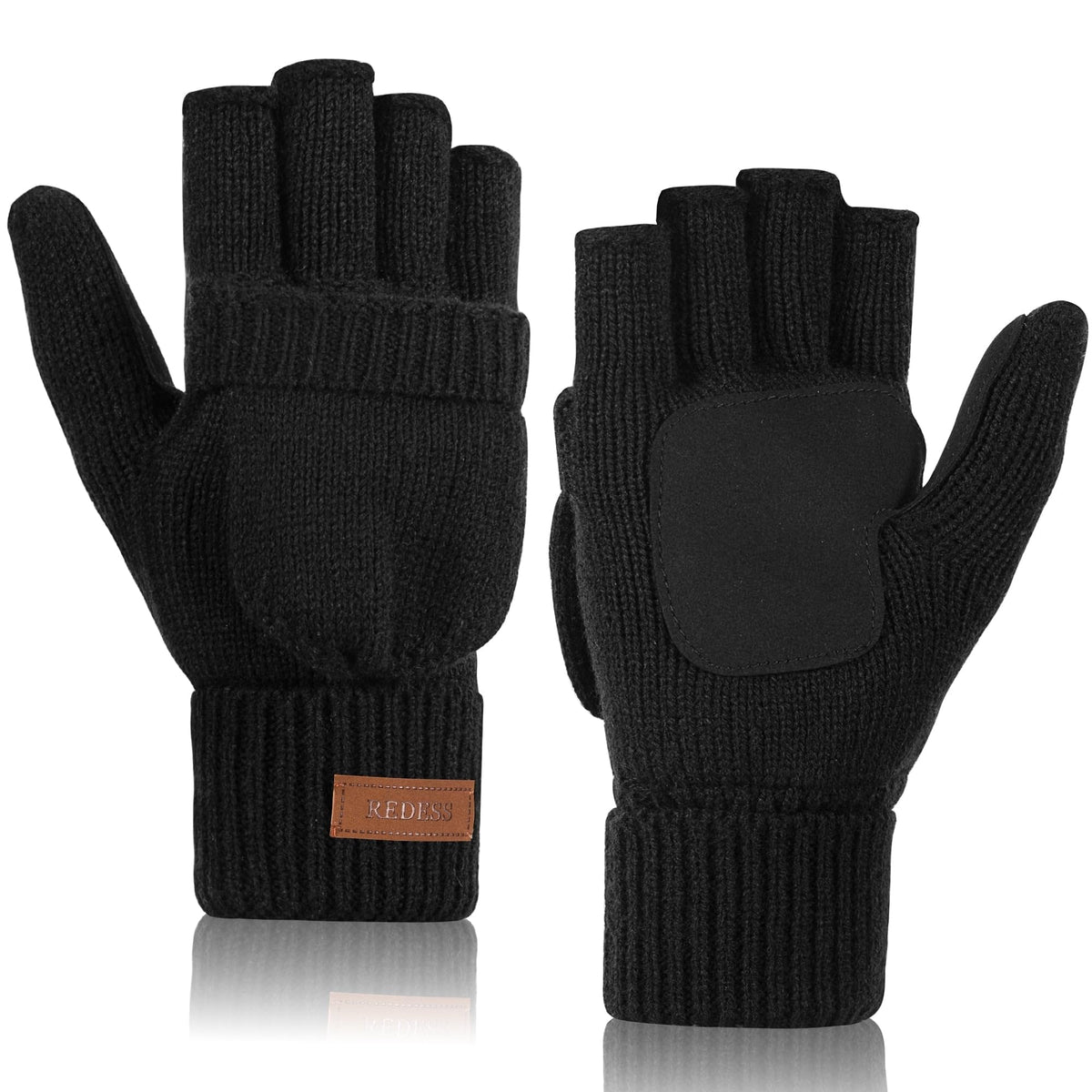 REDESS Winter Mittens Fingerless Gloves for Women and Men Knitted Convertible Gloves,Beige