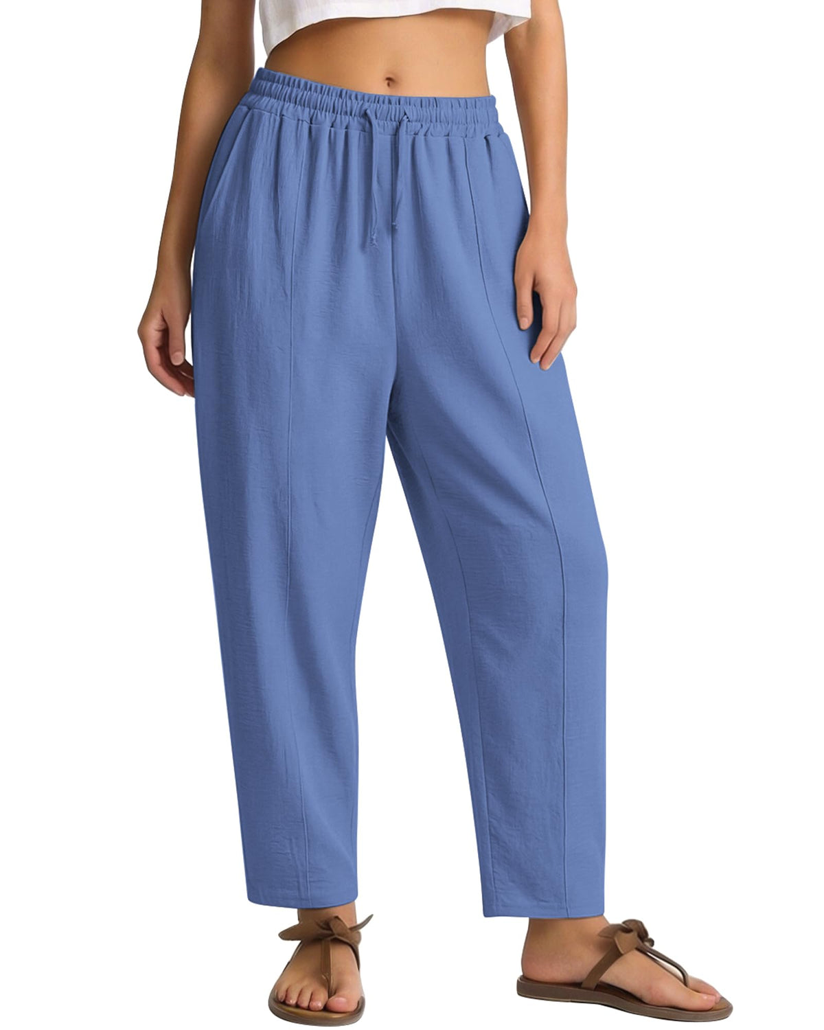 REDESS Pants for Women Wide Leg Khaki Linen Pants Summer Casual Flowy Pants with Pocket,XS-XL