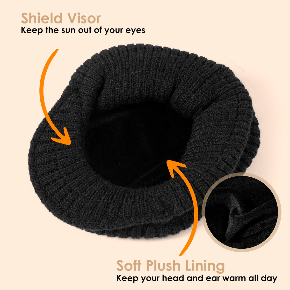 REDESS Winter Beanies Hat for Women,Knit Brimmer Hat Slouchy Beanie Cap with Visor Black