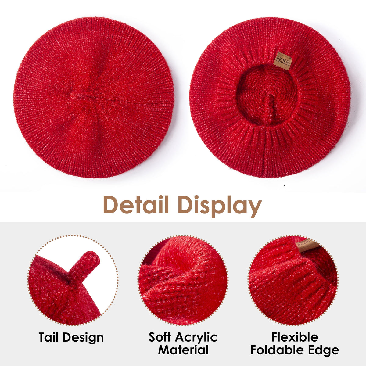 REDESS Womens Beret Hat, Vintage Knit Acrylic Winter Beret Hat for Women, Solid Color Stretch Fashion Beanie Cap