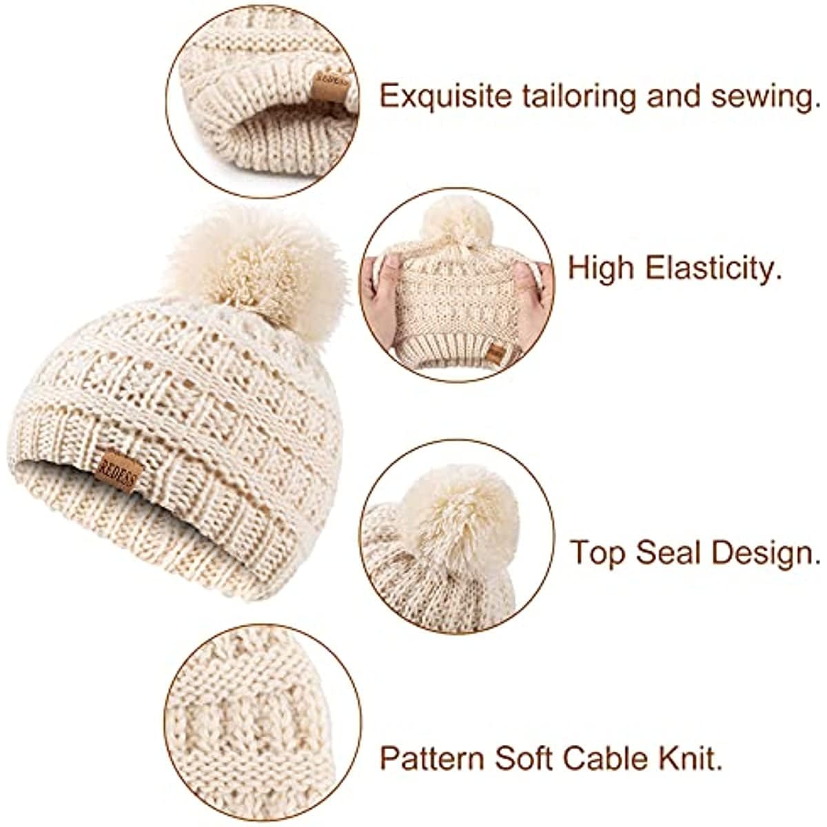 REDESS Baby Kids Winter Warm Beanie Hats, Infant Toddler Children Pom Pom Beanie Knit Cap Girls Boys-3 Pack