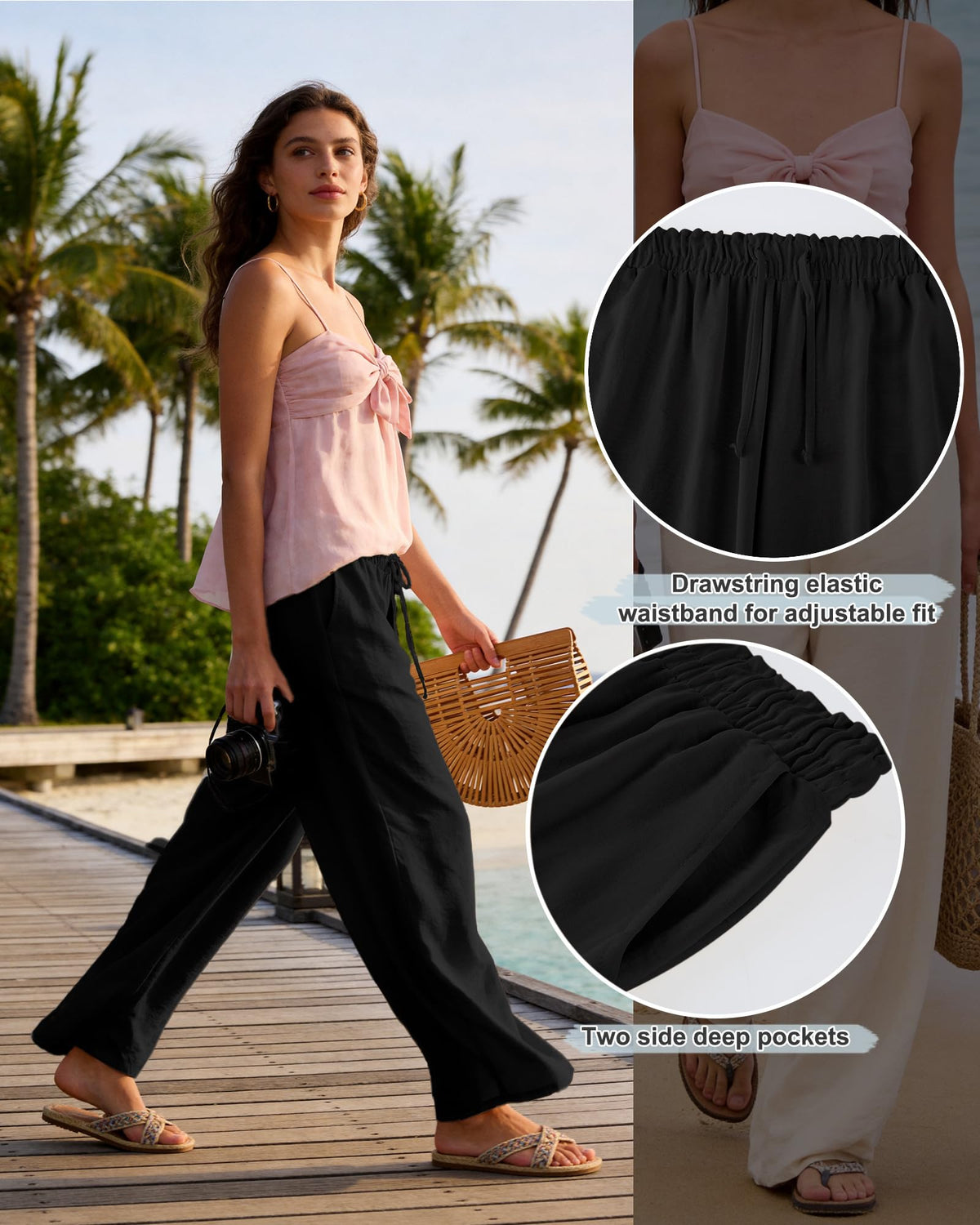 REDESS Capri Pants for Women Summer Capris Adjustable Drawstring with Pockets M-XXXL