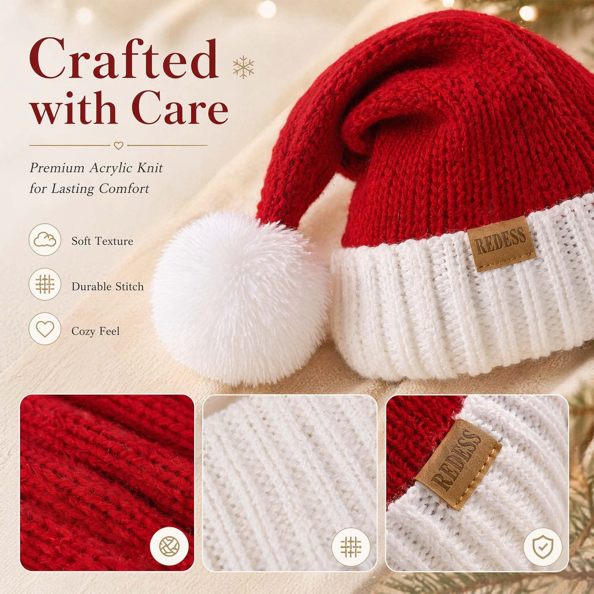 REDESS Santa Hat, Knitted Christmas Red Santa Hat with Pom Pom, Soft Stretchy Holiday Beanie Hat for Adult