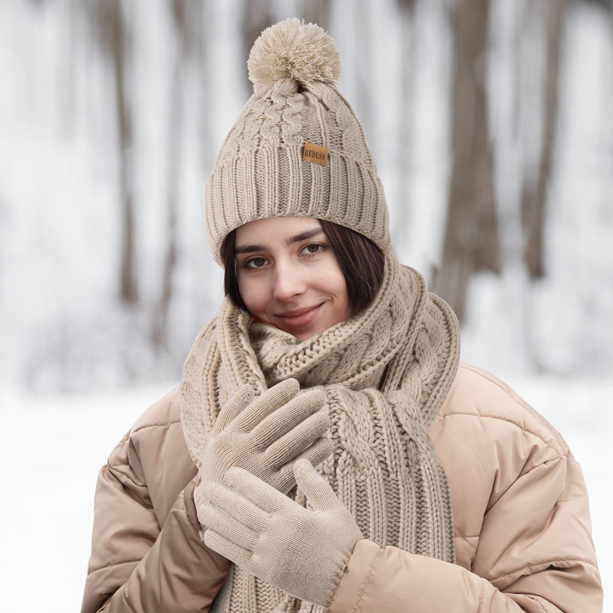REDESS Womens Winter Hats Beanie Scarf &Gloves Sets for Women-Oat