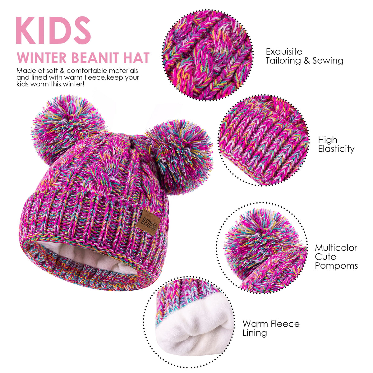 REDESS Kids Winte Beanie Hat with Two Pom-Pom for Girls 3-9 Year Old,Black