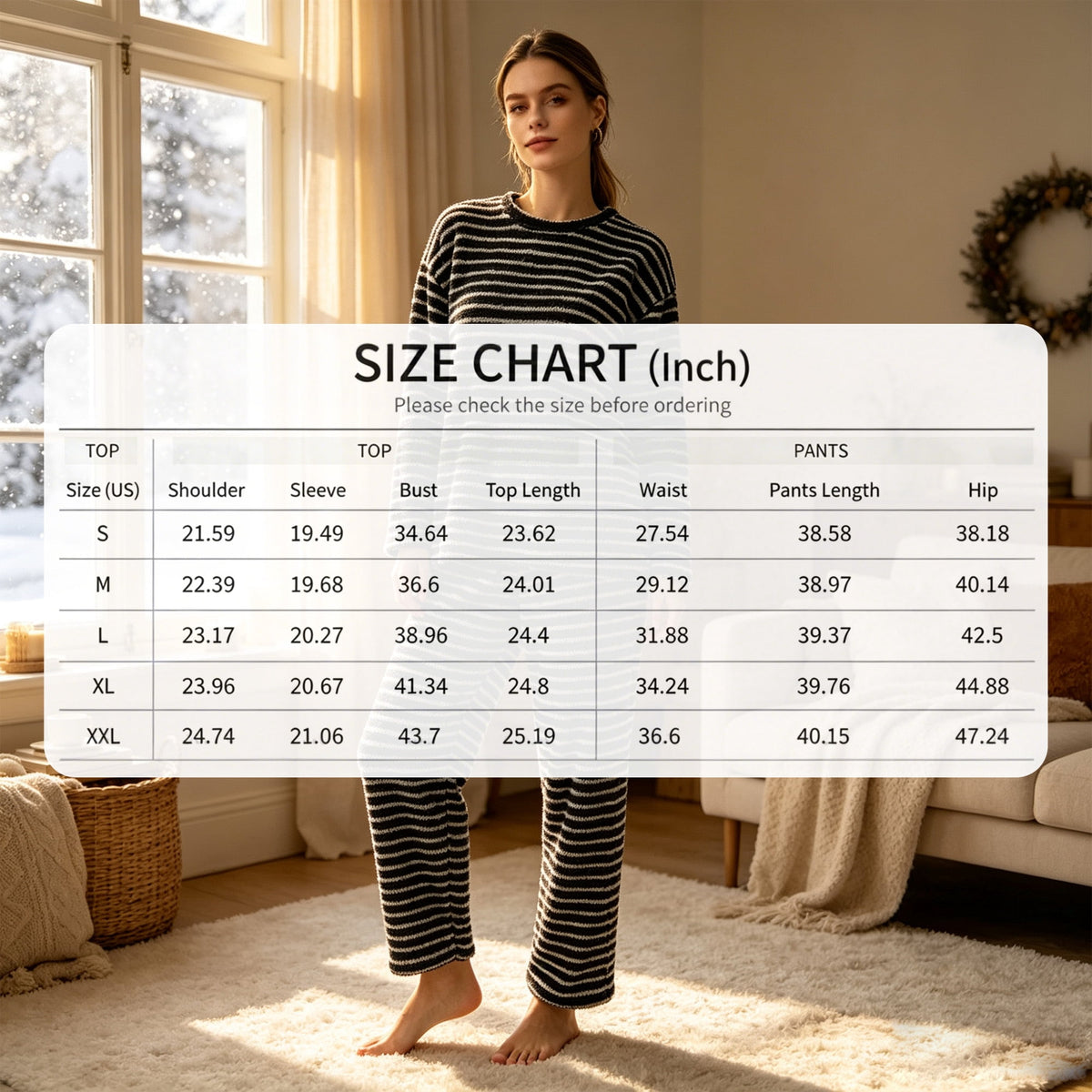 REDESS Womens Pajama Sets, Striped Fuzzy Fleece 2 Piece Matching Sleepwear, Crew Neck Pullover Top & Drawstring Pants, Cozy Lounge Sets for Women Winter Loungewear, S?XXL