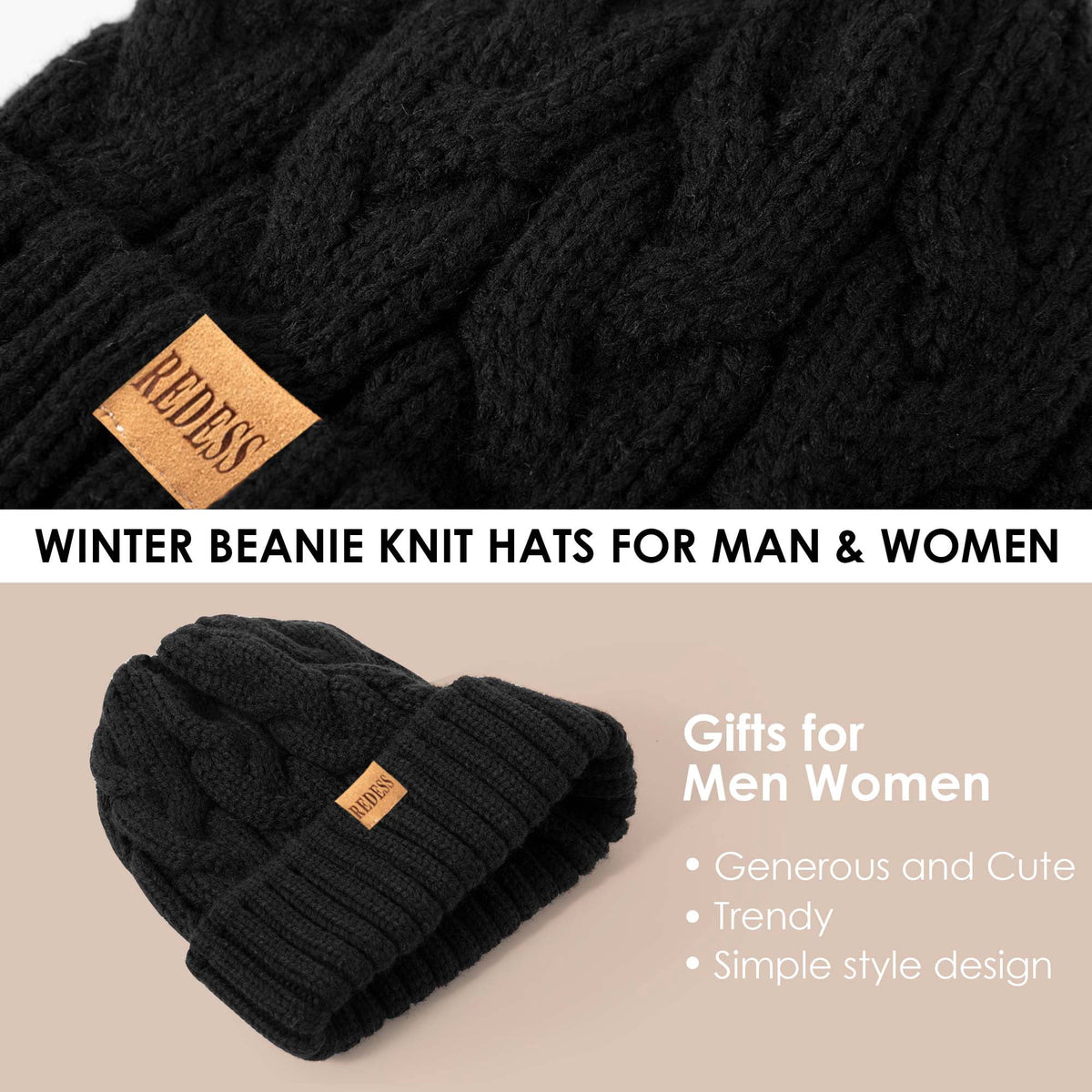 REDESS Beanie for Womens Winter Warm Cable Knit Soft Cap Comfortable Cuffed Stretchy Hat 2 Pack