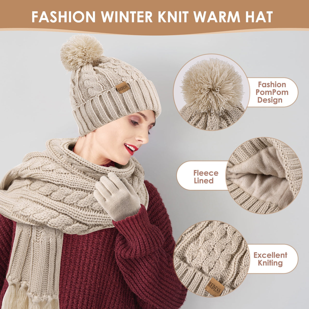 REDESS Womens Winter Hats Beanie Scarf &Gloves Sets for Women-Oat