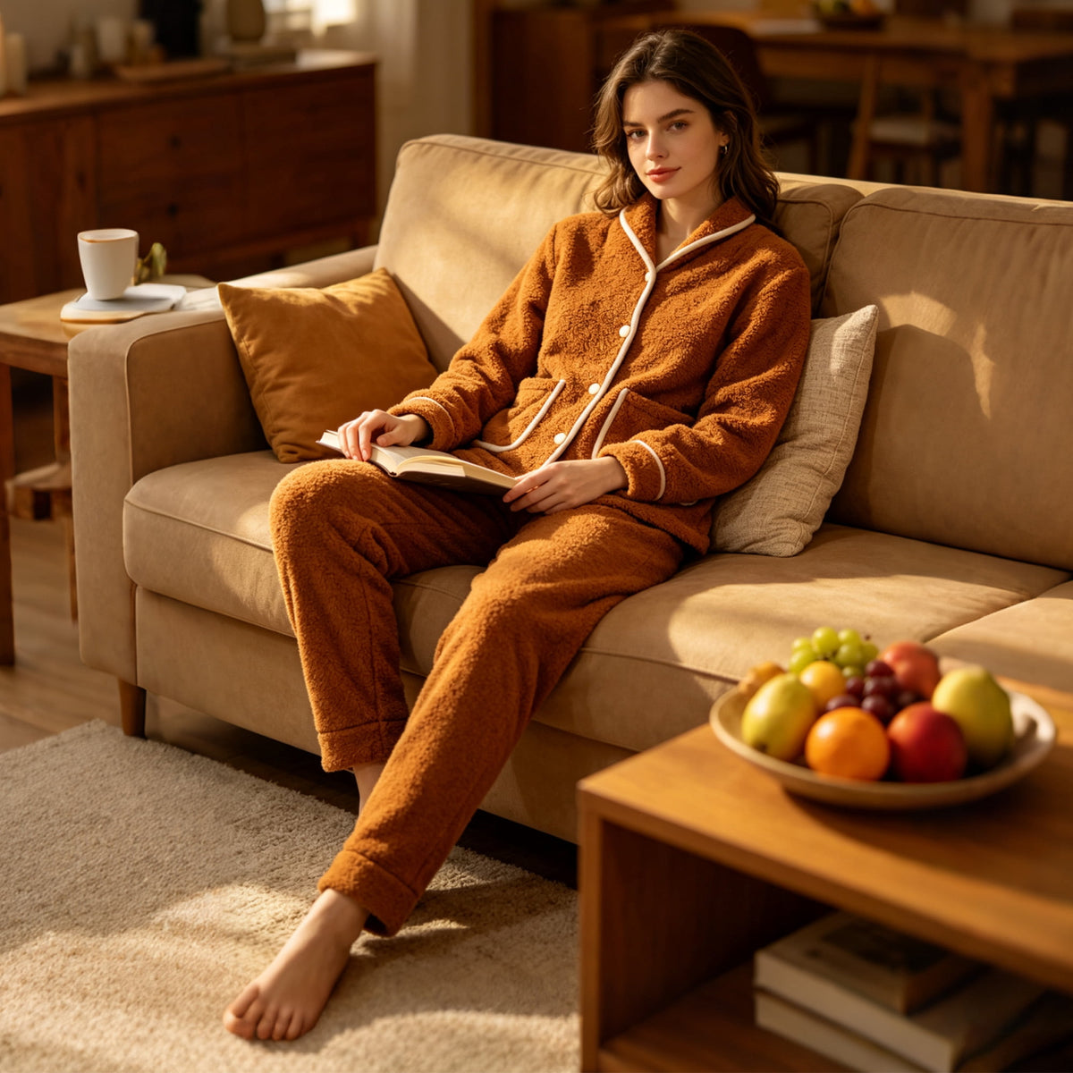REDESS Womens Pajama Sets Soft Fleece Pj Sets for Woman Mock Neck Button-front Top with Pockets Straight Leg Pants Pink