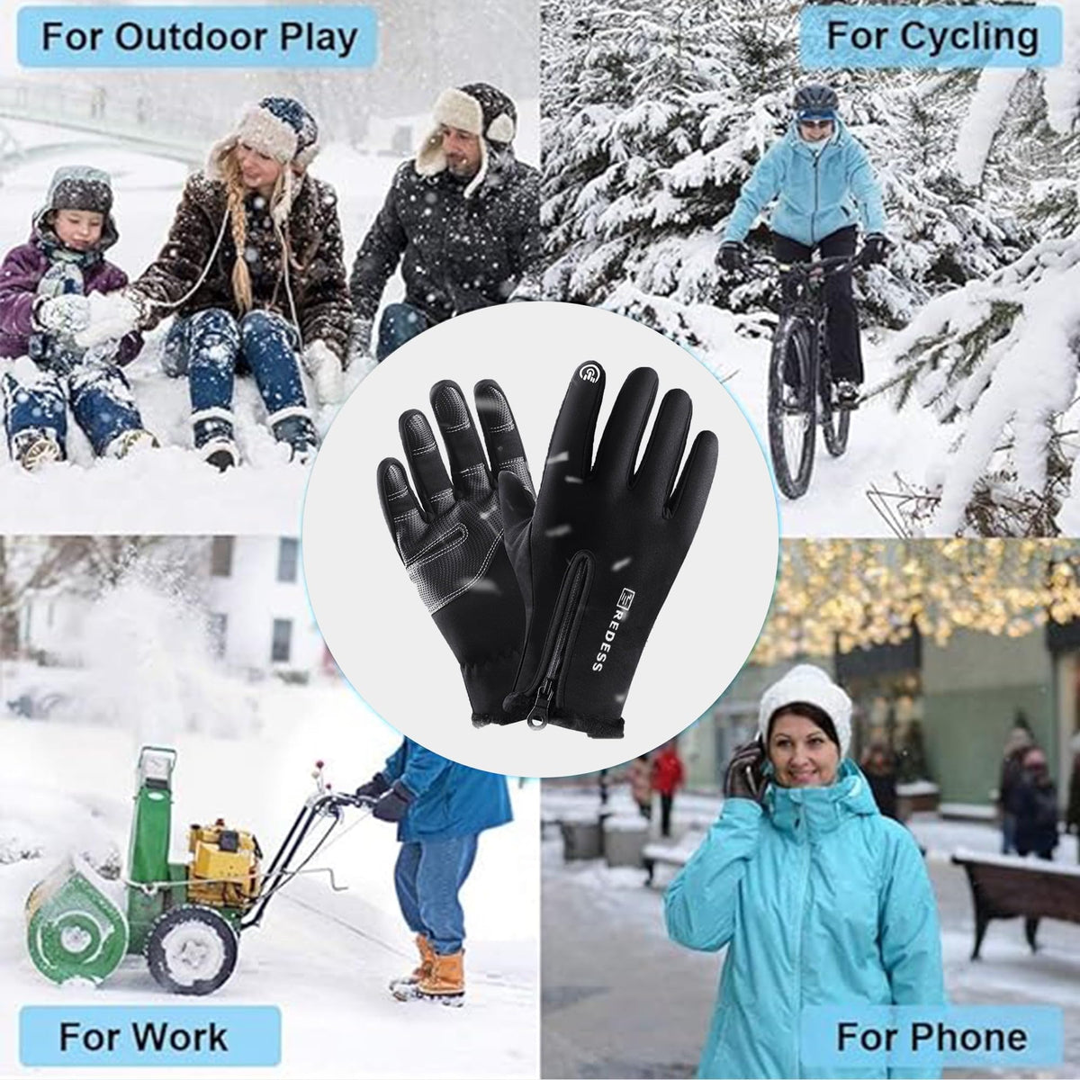 REDESS Winter Black Sports Gloves for Men and Women with Touchscreen for Running Skiing Cycling