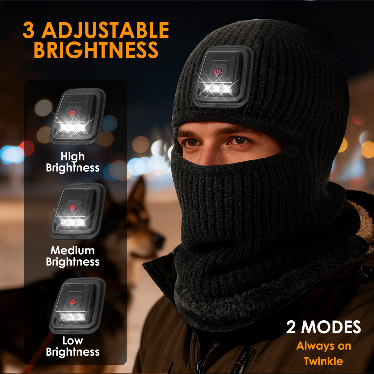 REDESS Balaclava Ski Mask with Light for Men and Women,USB Rechargeable LED Headlamp Winter Warm Balaclava,Black