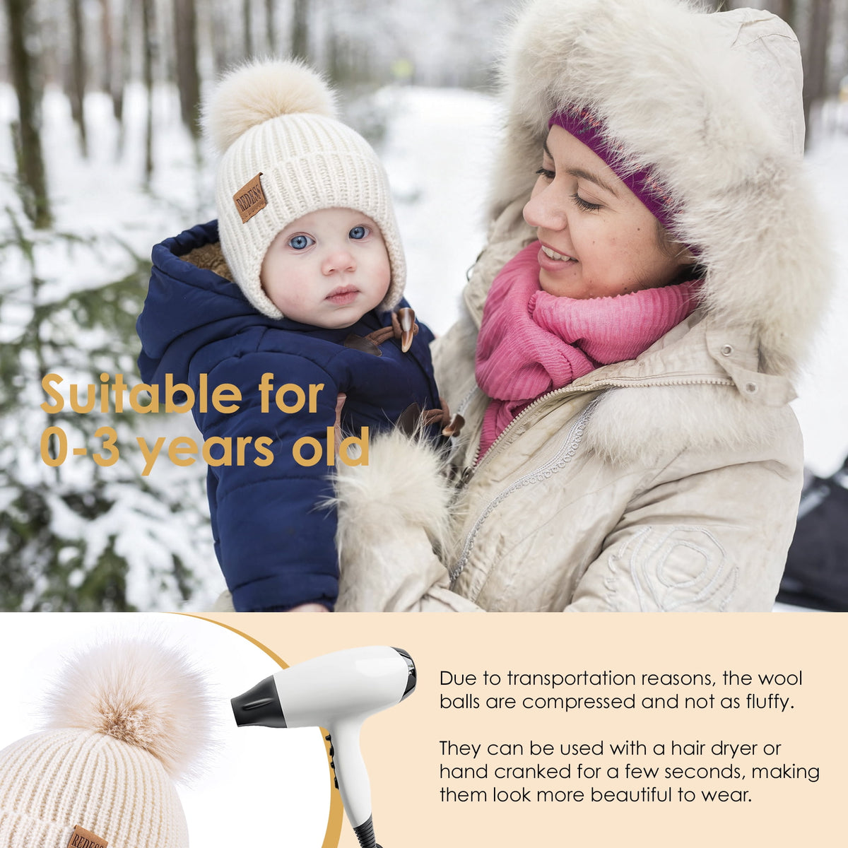 REDESS Toddler Hat with Ear Flaps, Fleece Lined Beanie Hat for Baby 0?3 Years Old, 2?Pack Warm Knit Kids Toddler Winter Hat